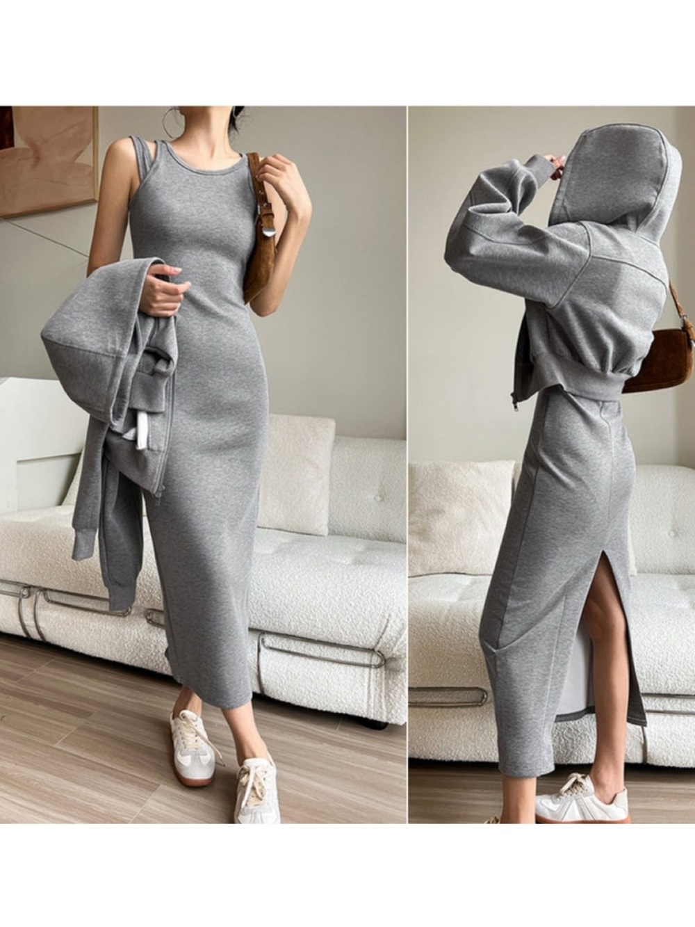 Commense Asymmetrical Sleeve Maxi Dress M Grey